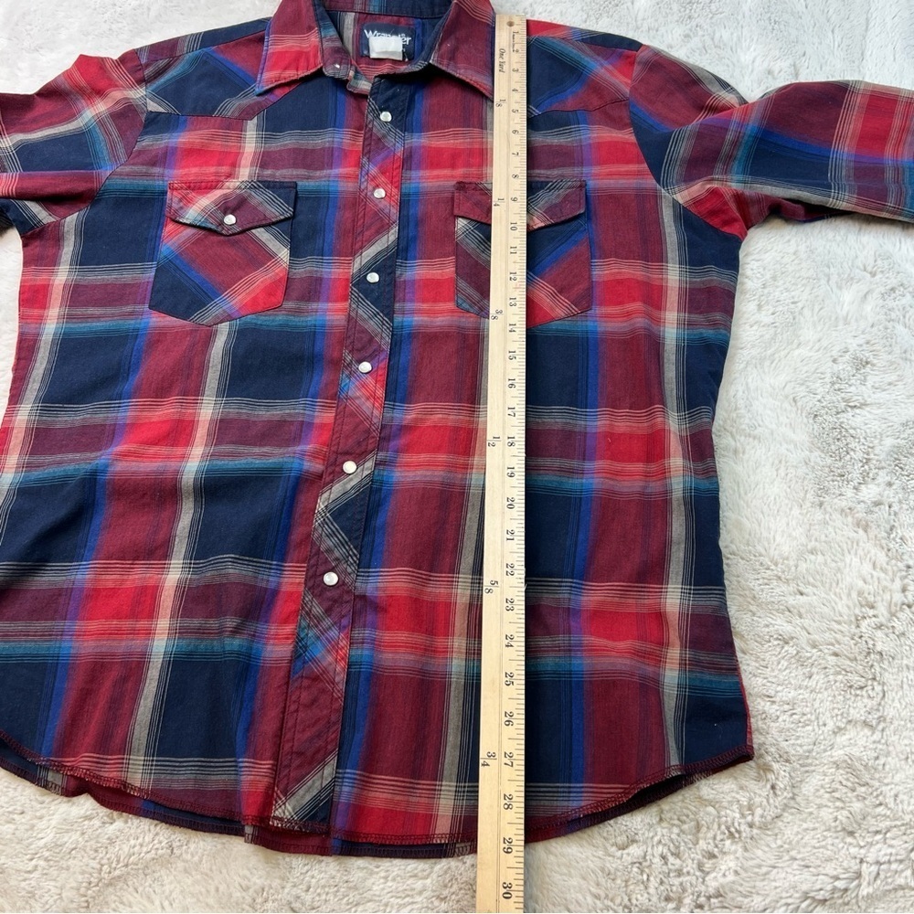 Wrangler Pearl Snap Shirt Casual Plaid Red Blue Western Size 16.5 / 35 - Picture 5 of 7